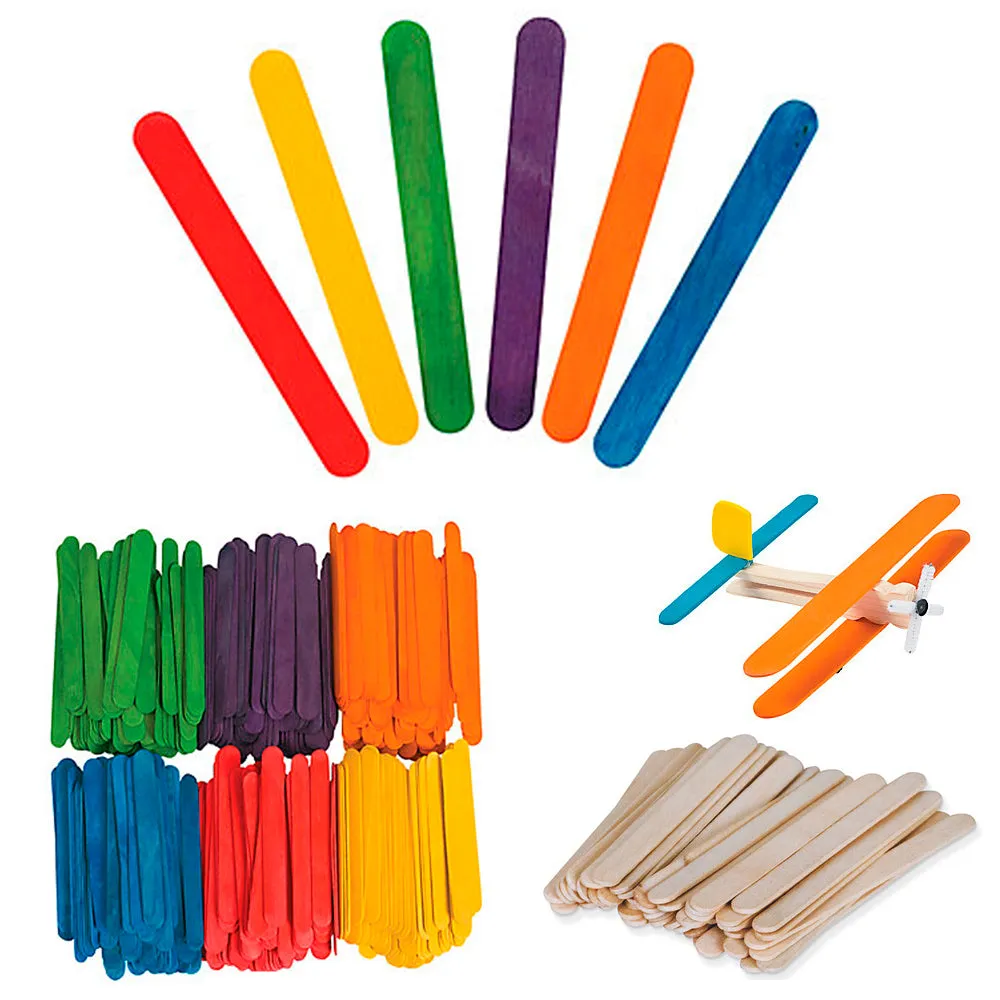 200 Pcs Popsicle Sticks Bulk Craft Flat Natural Wood Multi Colored 2.56" x 0.39"