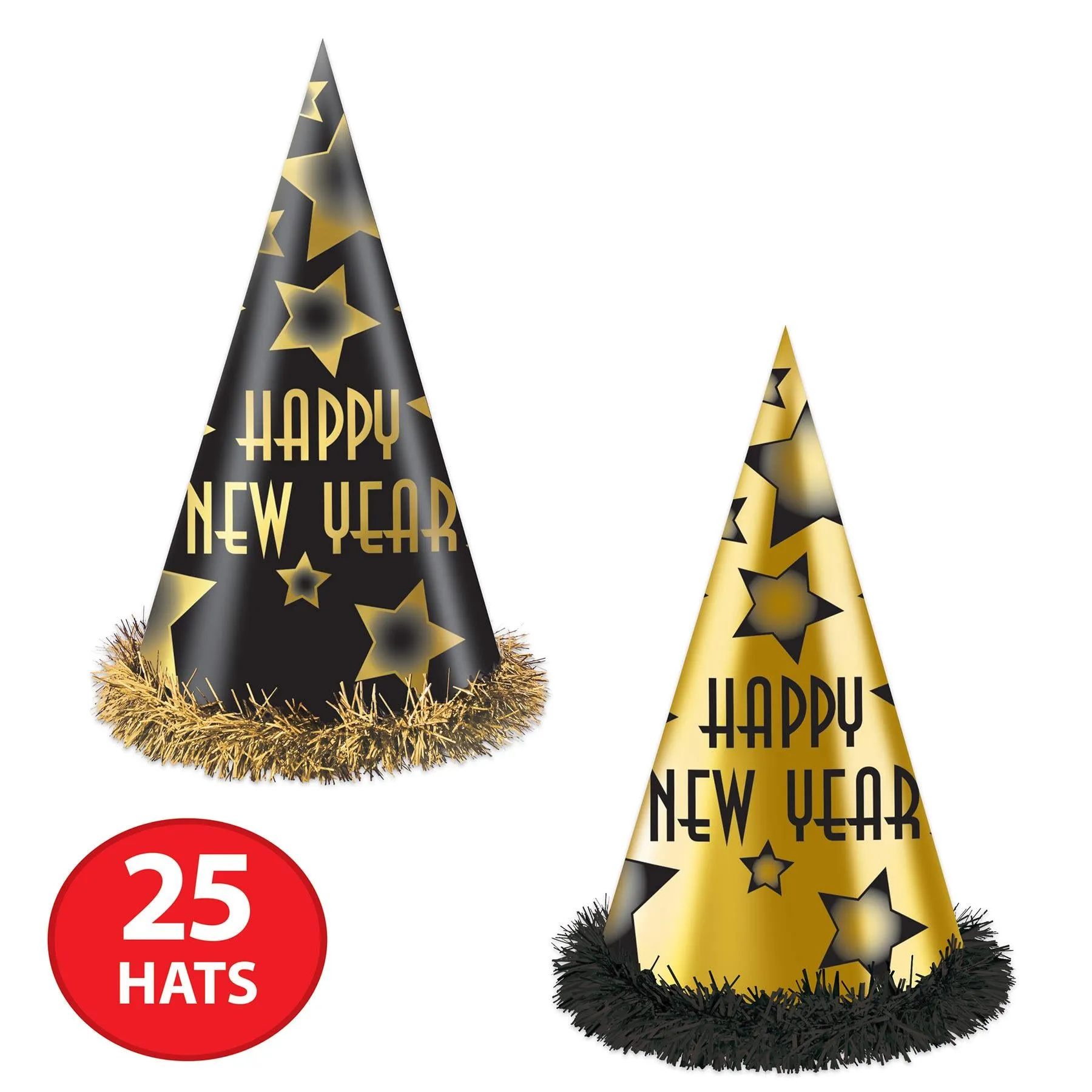 Happy New Year Party Hats Black and Gold (25 per Box)