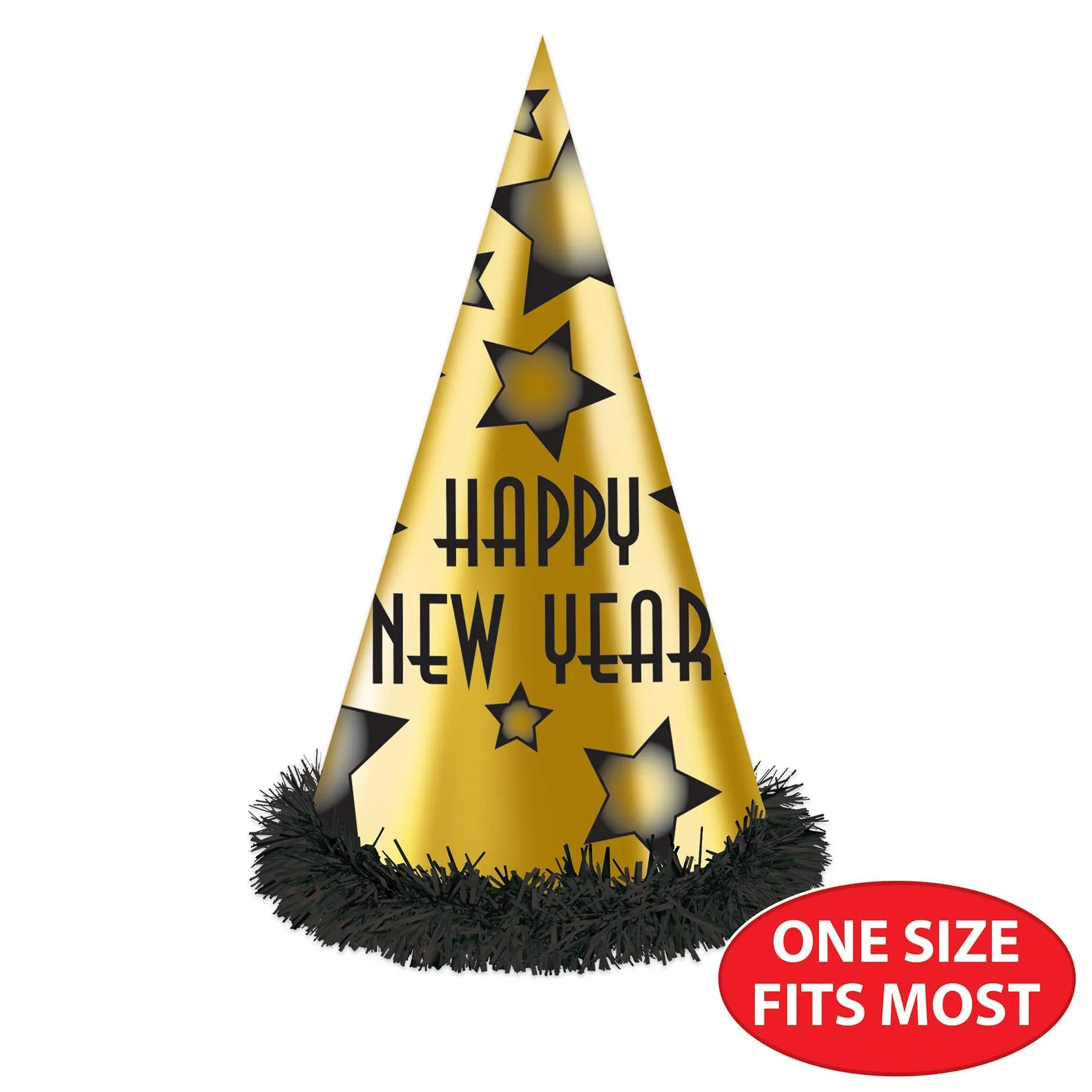 Happy New Year Party Hats Black and Gold (25 per Box)