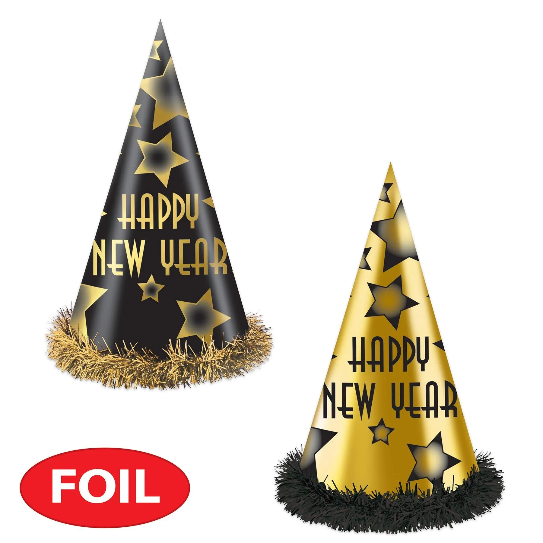 Happy New Year Party Hats Black and Gold (25 per Box)