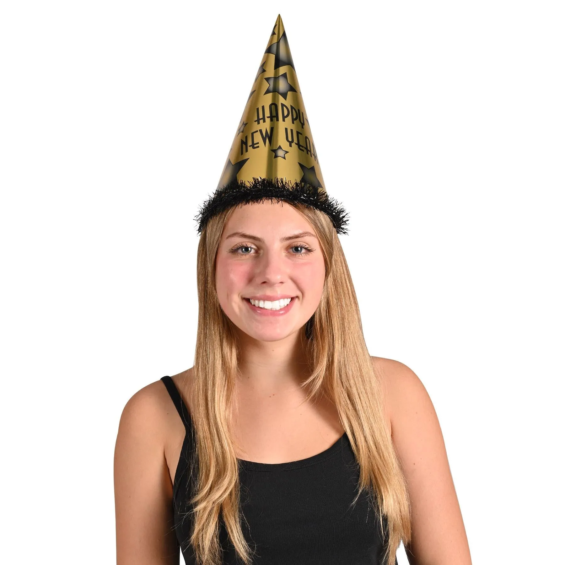 Happy New Year Party Hats Black and Gold (25 per Box)