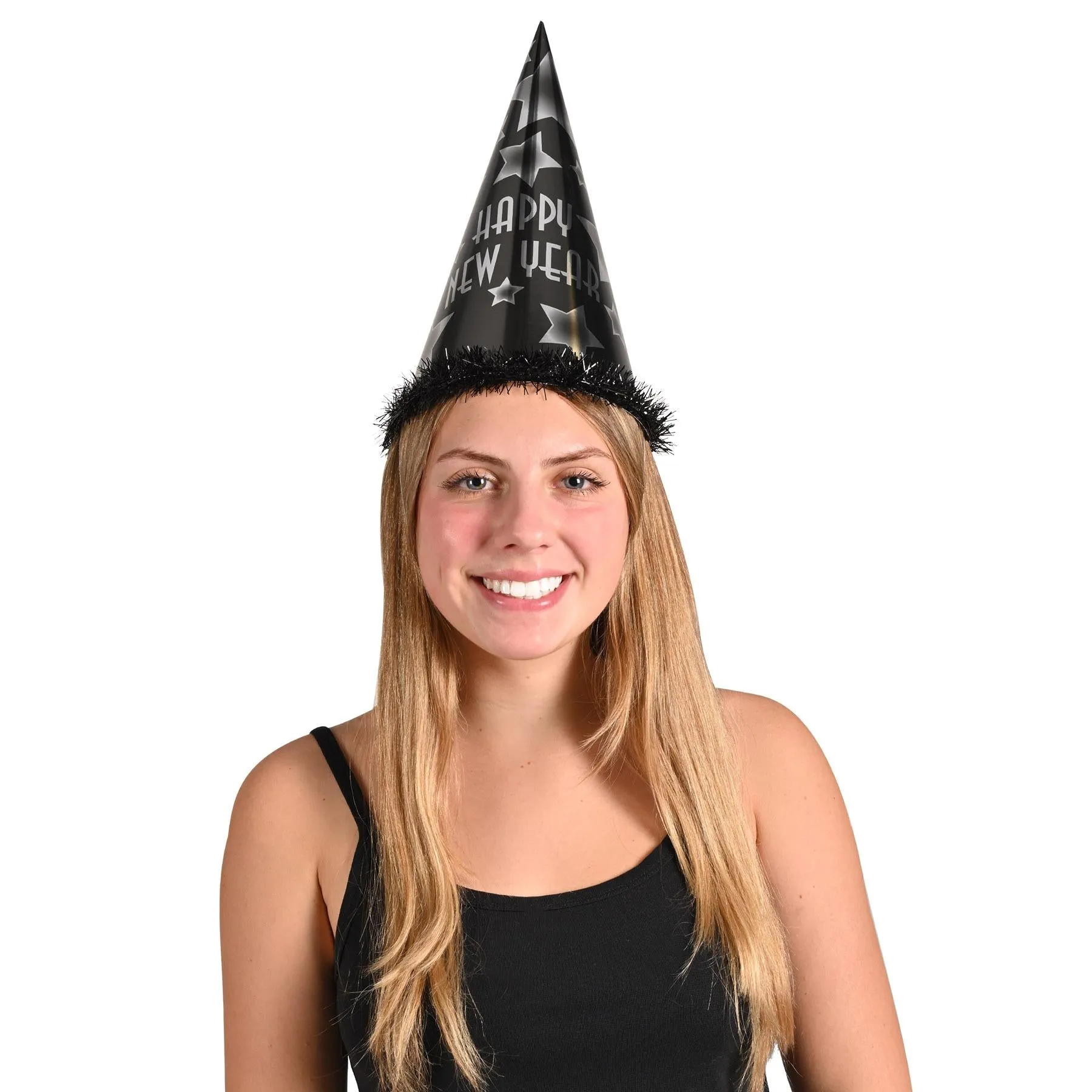 Happy New Year Party Hats Black and Silver (25 per Box)