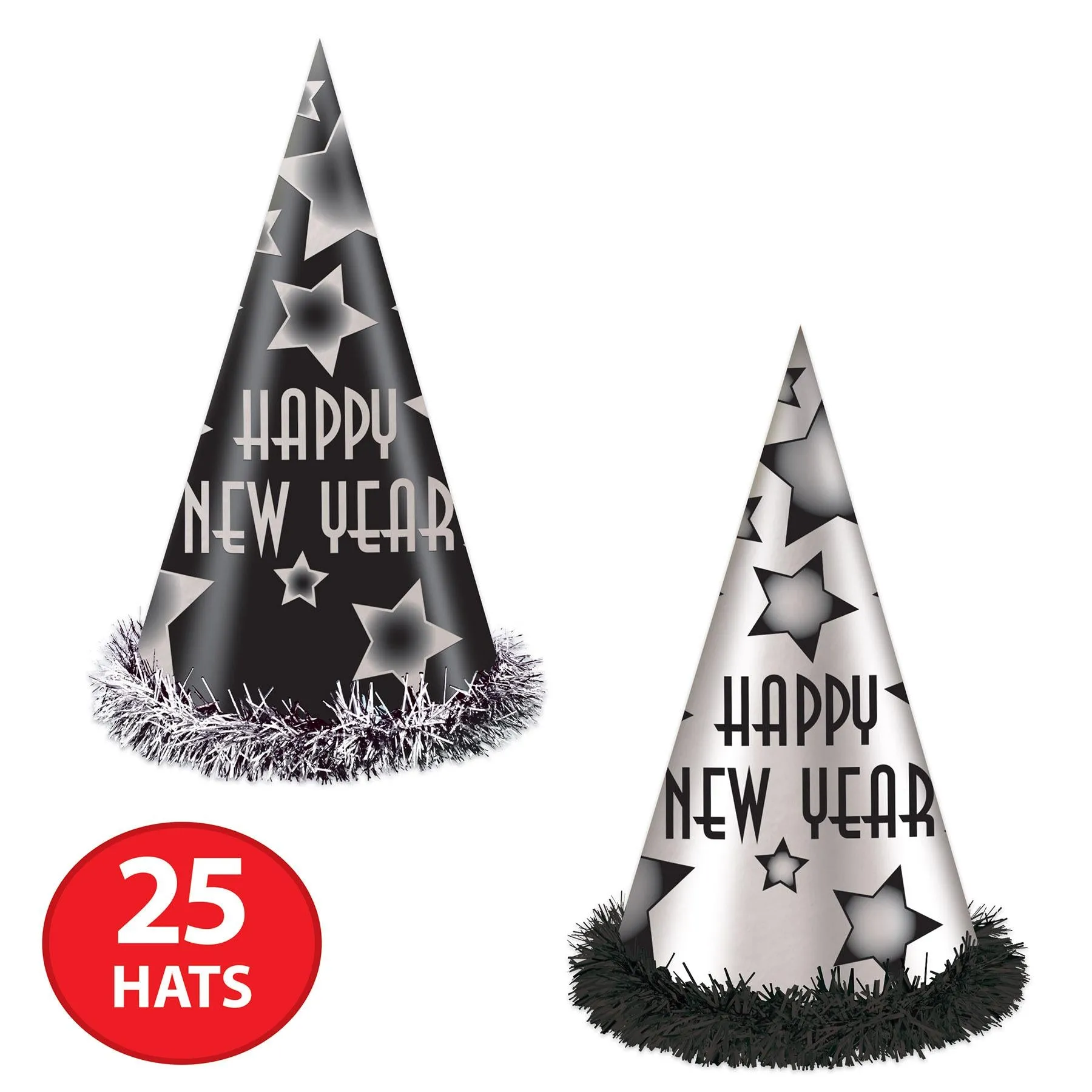 Happy New Year Party Hats Black and Silver (25 per Box)