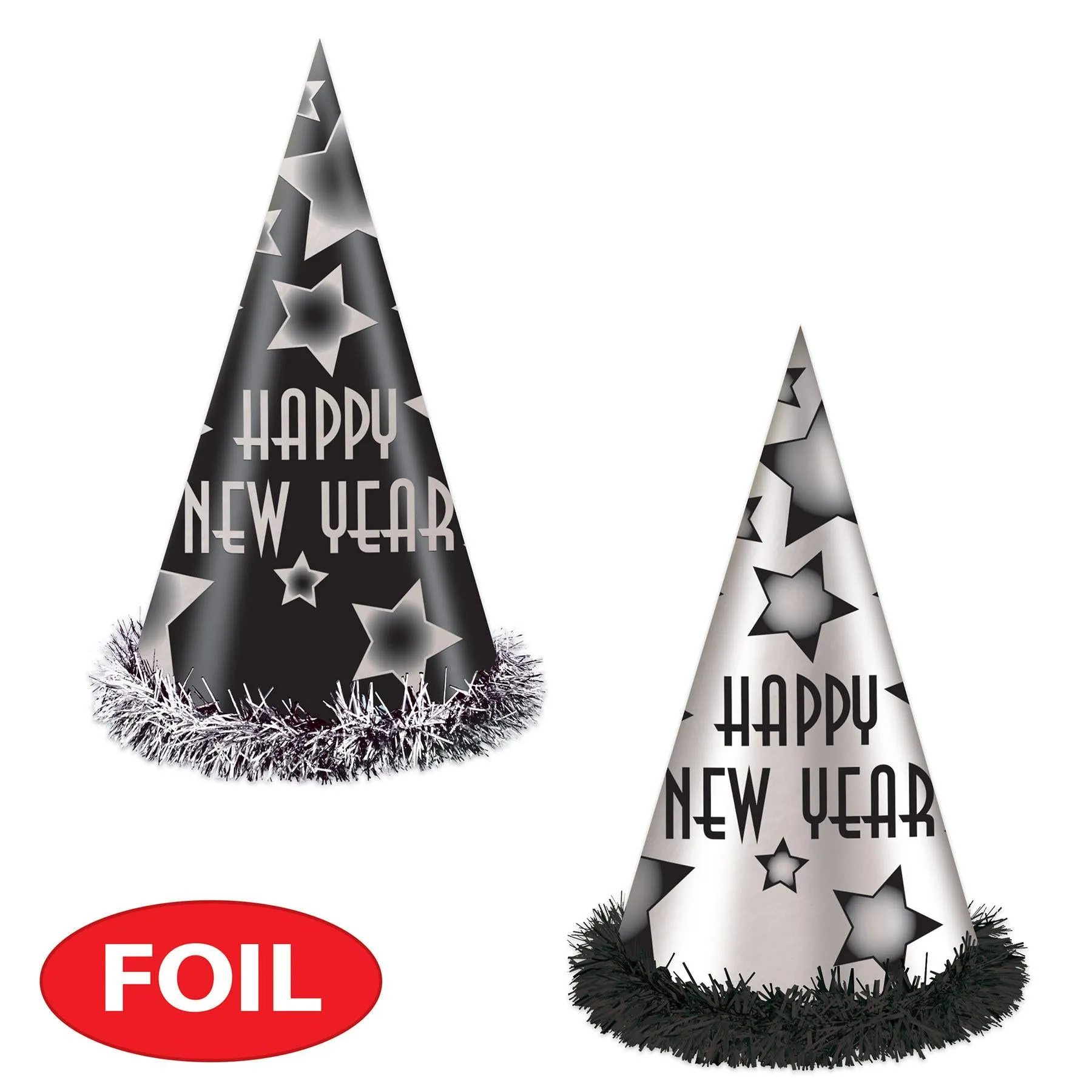 Happy New Year Party Hats Black and Silver (25 per Box)