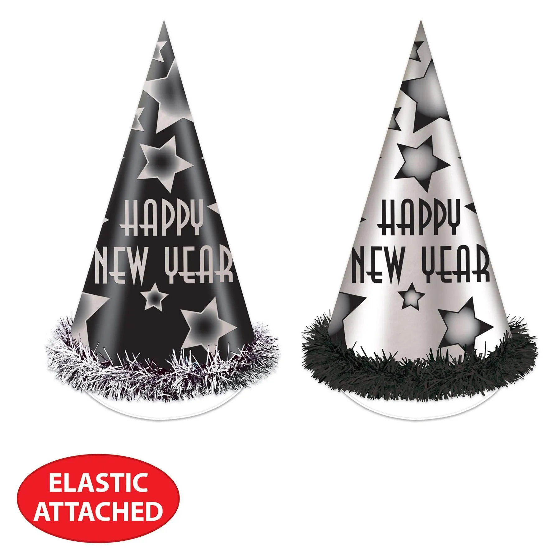 Happy New Year Party Hats Black and Silver (25 per Box)