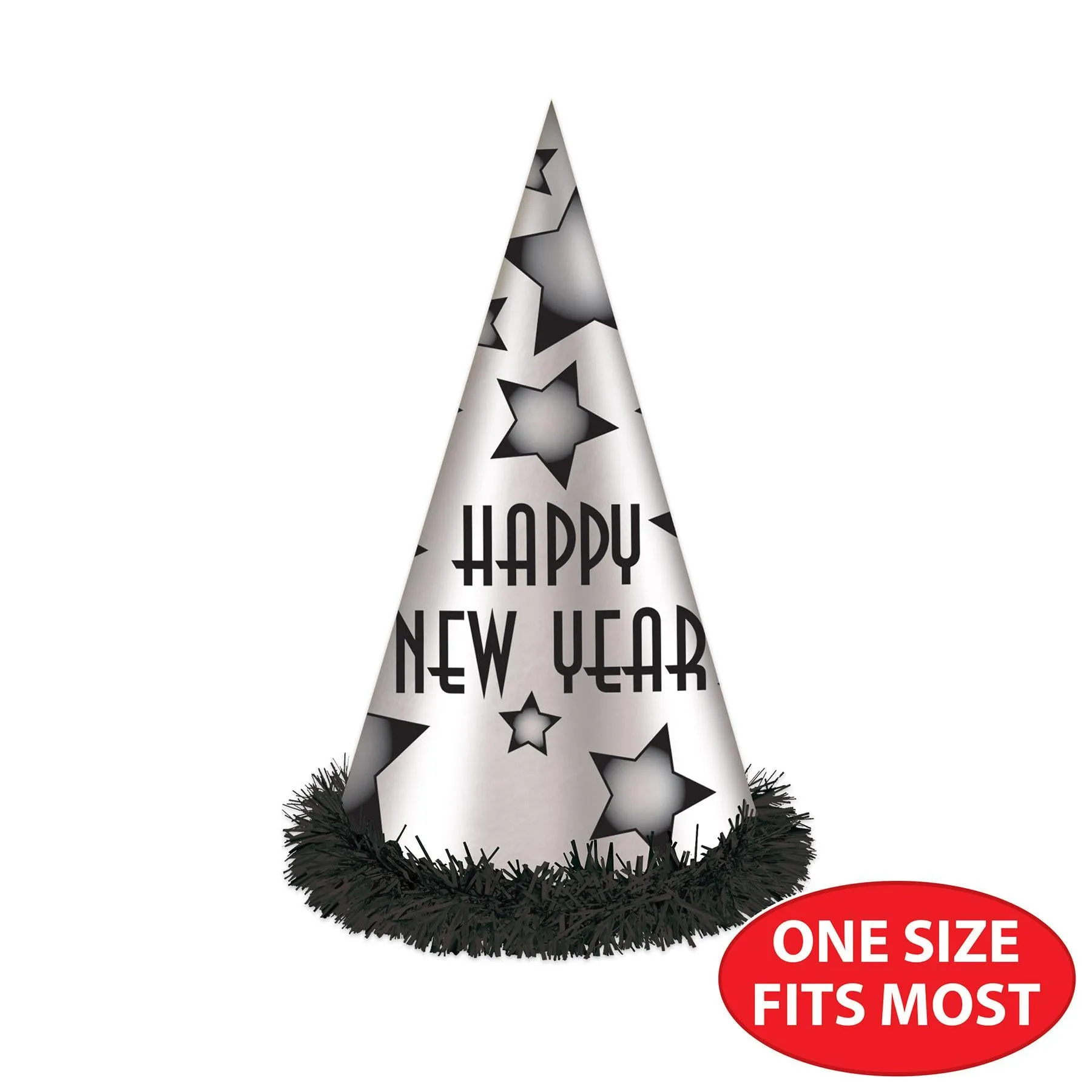 Happy New Year Party Hats Black and Silver (25 per Box)