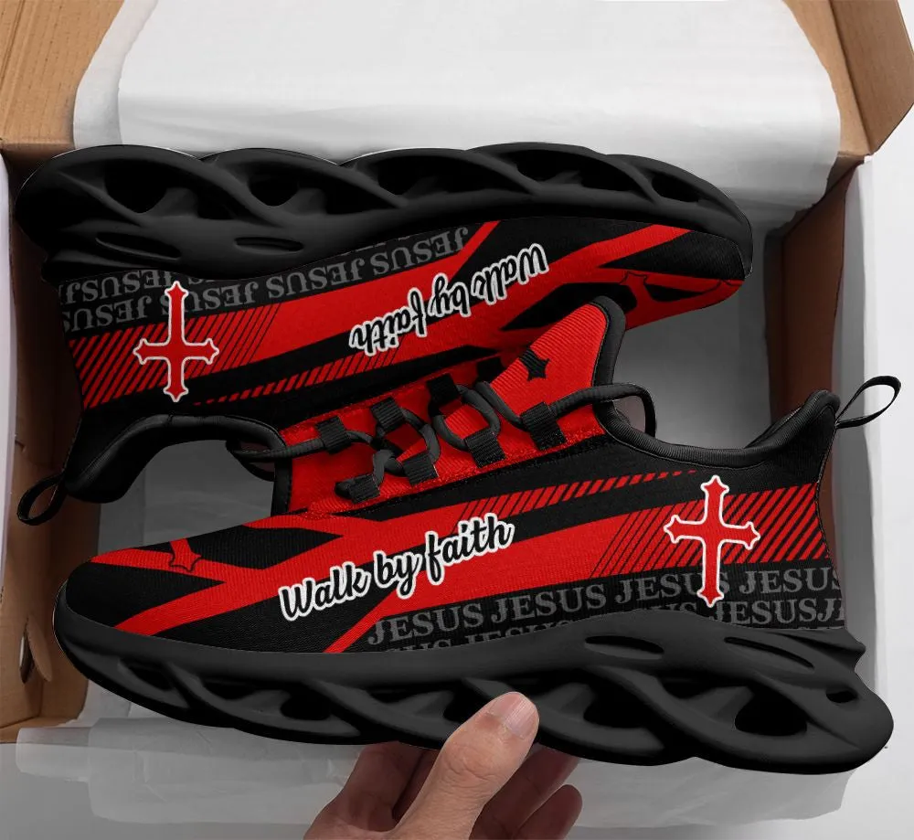 Jesus - Walk By Faith Running Sneakers Red Max Soul Shoes - Christian Shoes For Men And Women