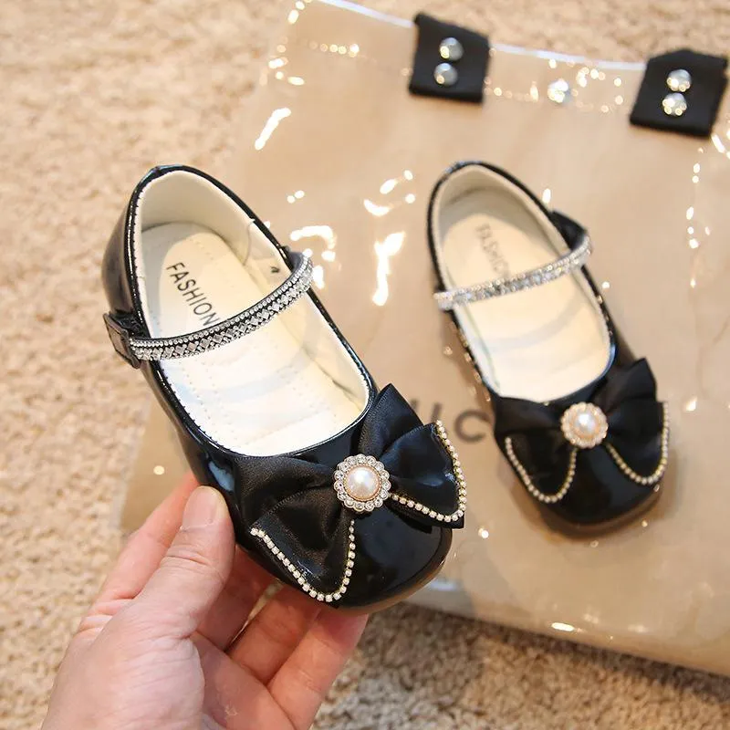 New girls leather rhinestone shoes cute bow flat heels