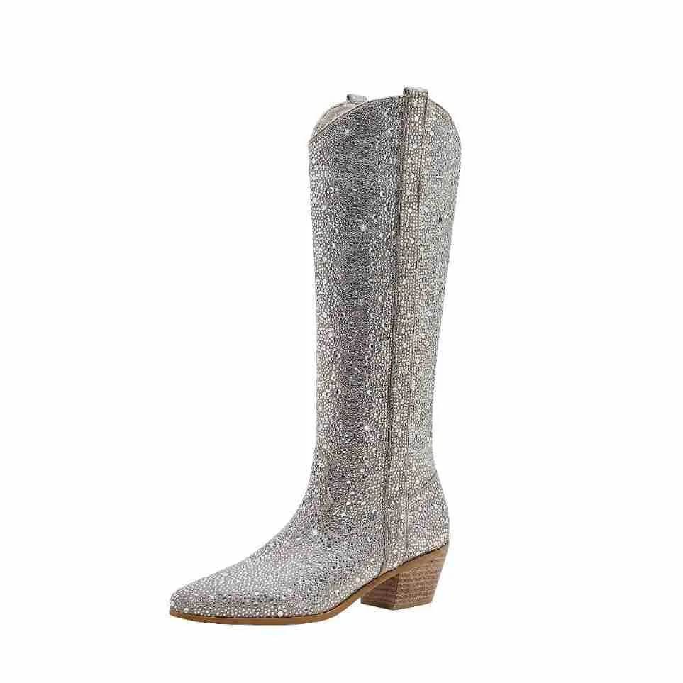 Rhinestone Pointed Toe Straight Boots for Women