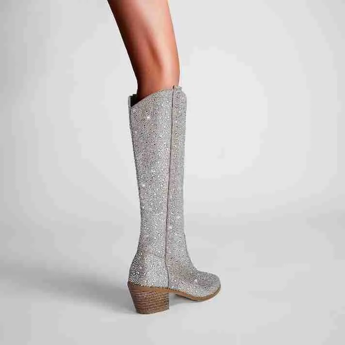 Rhinestone Pointed Toe Straight Boots for Women